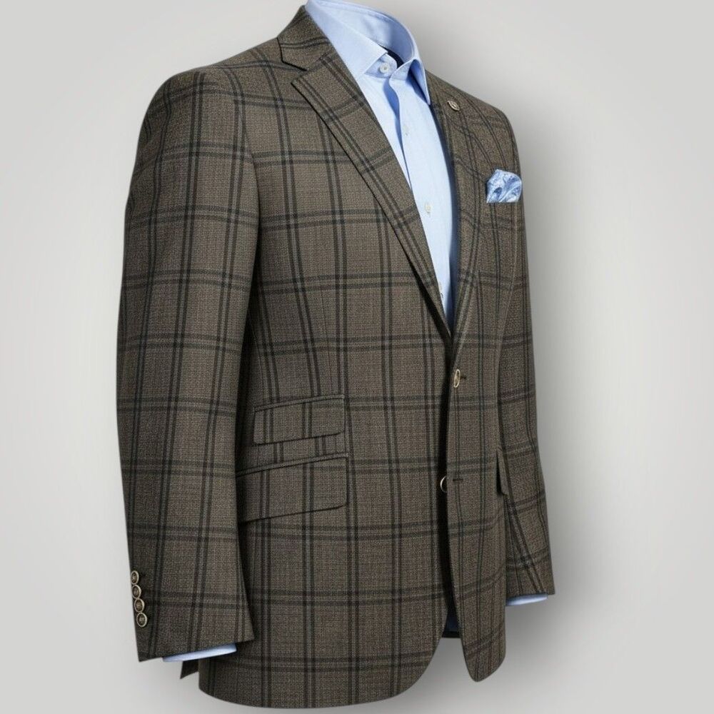 J.HILBURN VBC Italian Wool Mens Blazer Sport Coat 2-Button Jacket 44R Plaid Brow